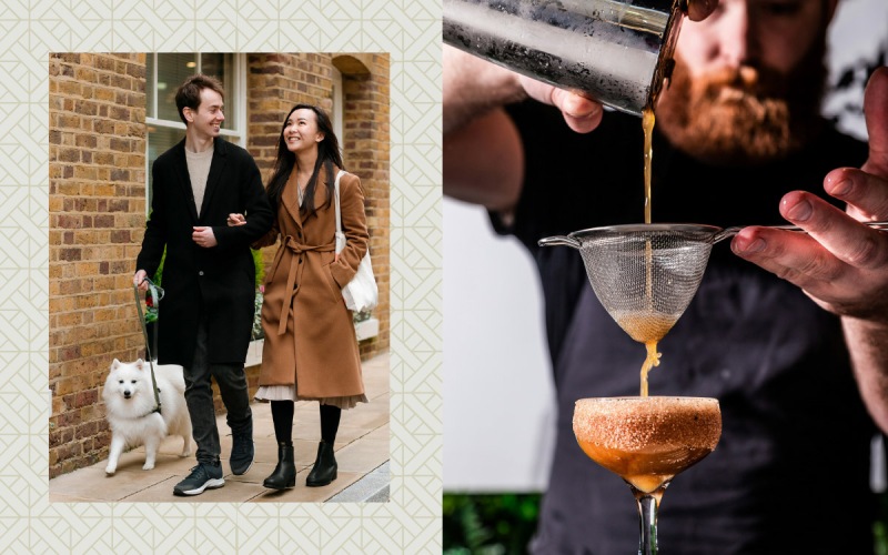 a couple walking with a dog and a bartender crafting a drink