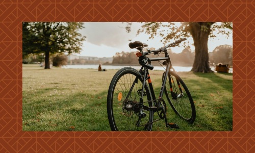 a bike in a park with a body of water in view